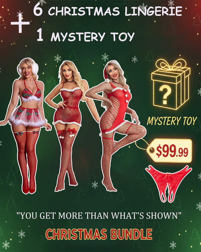 Christmas lingerie bundle graphic featuring red mini dress and fishnet thigh-high stockings
