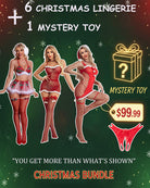 Christmas lingerie bundle graphic featuring red mini dress and fishnet thigh-high stockings
