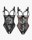 Lace mini bodysuit set on white background, black and leopard print sheer lace