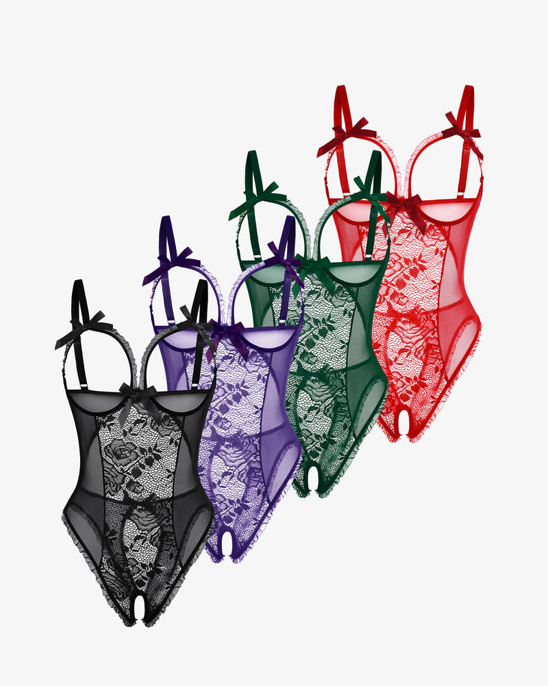 Lace mini bodysuit set, multiple colors with sheer lace and bow-tie shoulder straps
