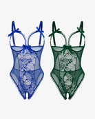 2-pack lace mini bodysuits, blue and green sheer lace rose print, bow straps