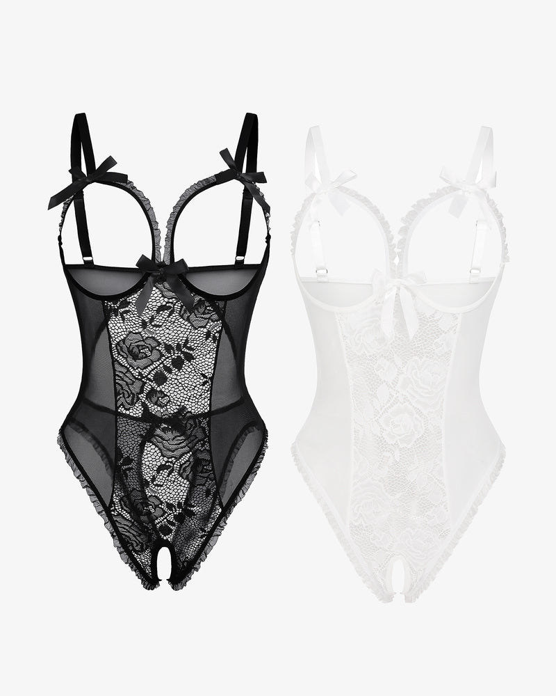 2-pack lace mini bodysuits, black floral lace and white sheer lace, bow straps