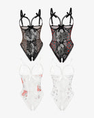 2-pack lace mini bodysuits, black and white leopard lace, sheer with bow straps
