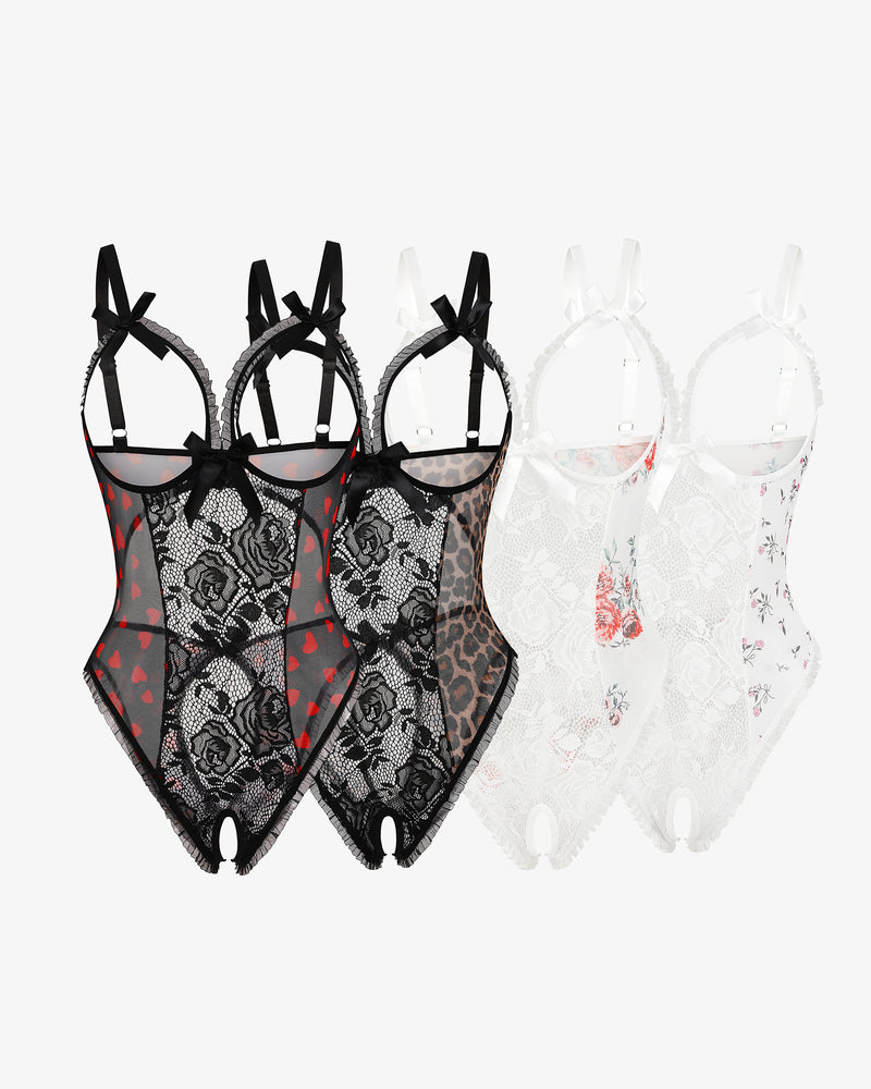 Lace mini bodysuit set, black sheer lace and white sheer lace bodysuits in pairs