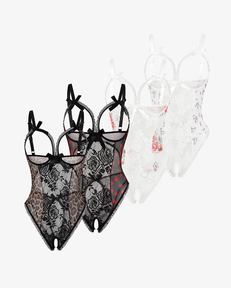 Lace mini bodysuit set, black and white sheer lace bodysuits with bow-tie straps