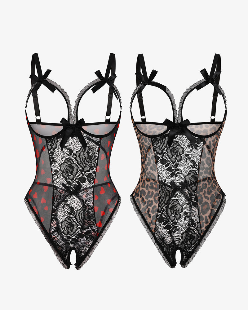 2-pack lace mini bodysuits, black and beige sheer rose lace, bow straps