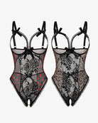 2-pack lace mini bodysuits, black and beige sheer rose lace, bow straps
