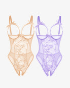 2-pack lace mini bodysuits, nude and lilac sheer lace with bow straps