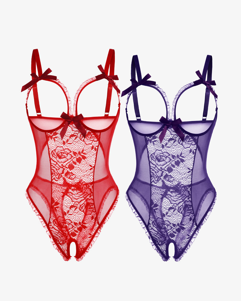 2-pack lace mini bodysuits, red and purple sheer rose lace, bow straps