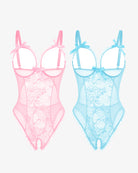 2-pack lace mini bodysuits, pink and light blue sheer lace, underwire cups, bow straps