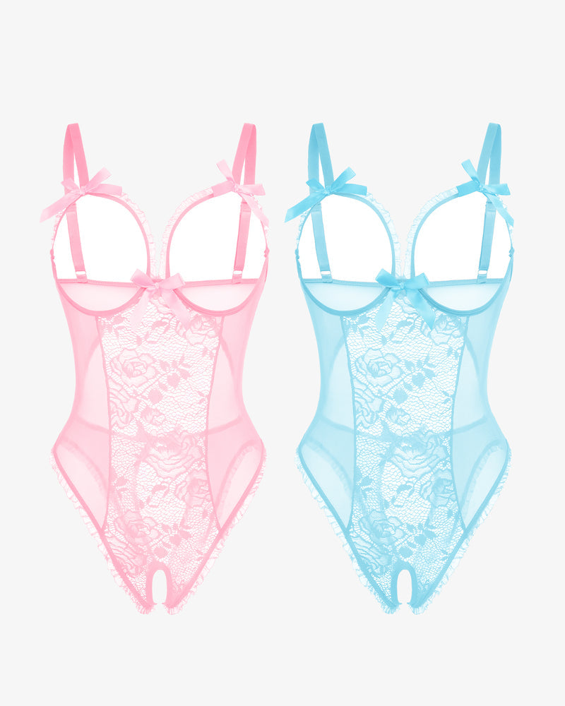 2-pack lace mini bodysuits, pink and light blue sheer lace, underwire cups, bow straps