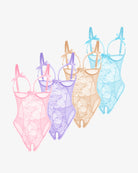 Lace mini bodysuit set, pastel pink, purple, tan, and light blue sheer lace bodysuits