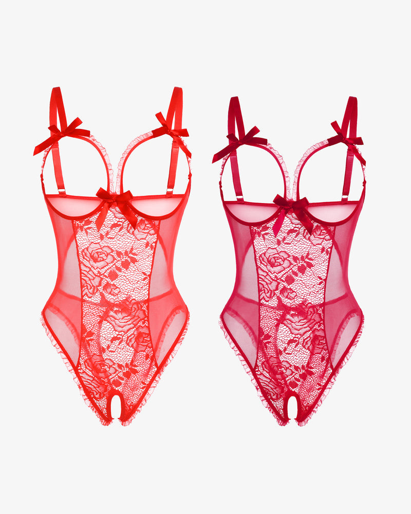 2-pack lace mini bodysuits, red sheer rose lace, underwire cups, bow straps