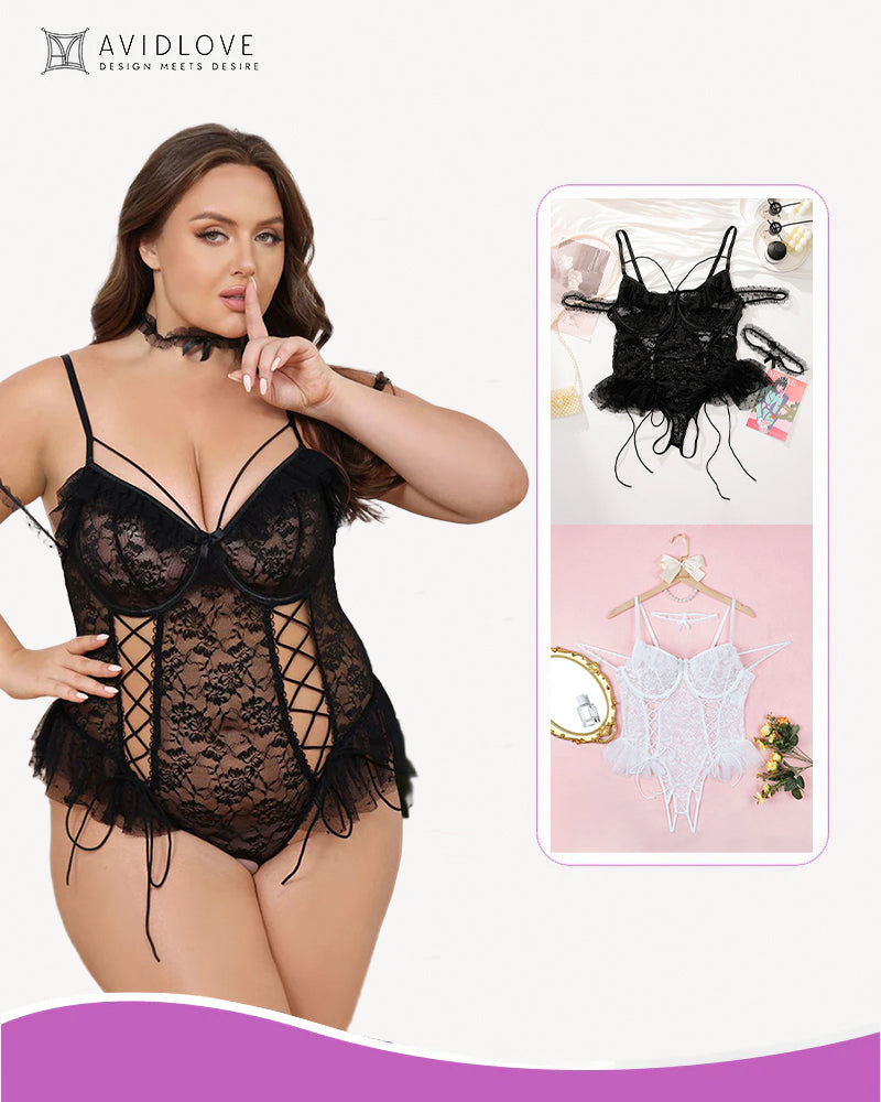 Plus size sheer lace bodysuit, black underwire cups, lace-up front, tulle accents