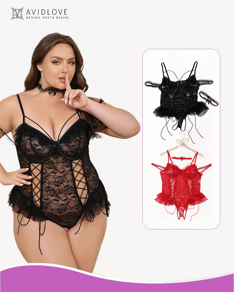 Black sheer lace bodysuit with underwire cups and bow-tie front