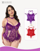 Purple sheer lace bodysuit with underwire cups and layered tulle at hips