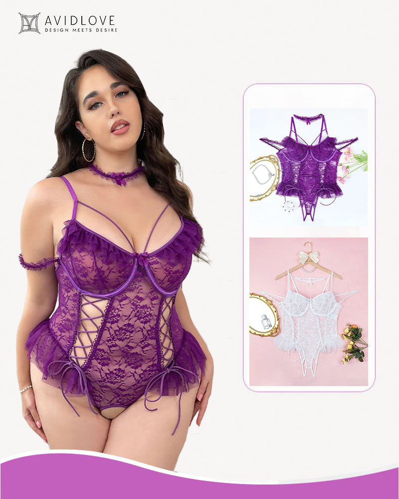 Plus size sheer lace bodysuit, purple underwire cups, lace-up front, ruffle accents