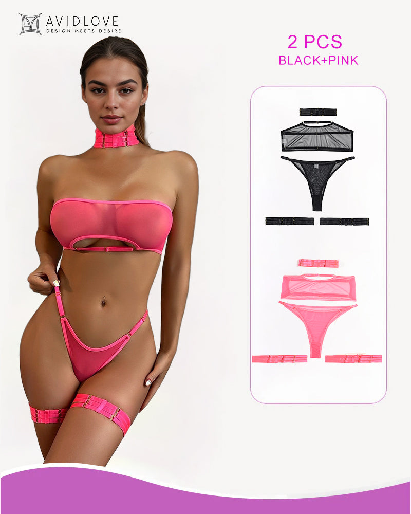 Pink bandeau bra and thong set with black trim and leg strap bands