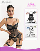 Fishnet corset lingerie set, black mesh with white fishnet, garters and cutout