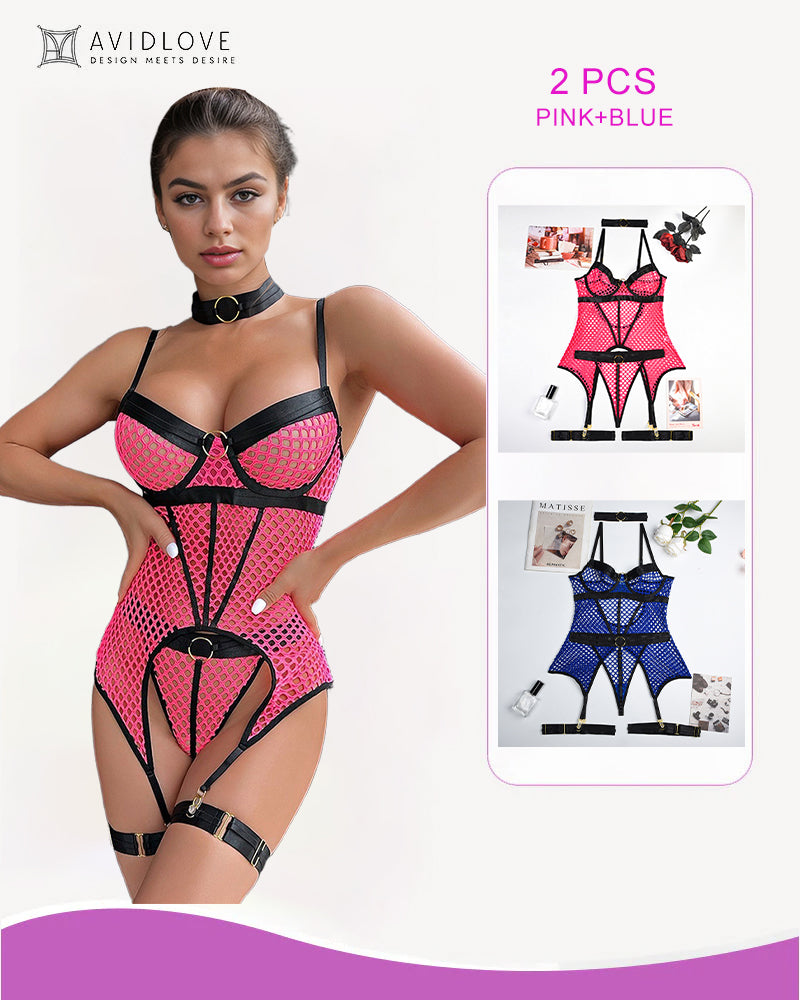 Fishnet corset lingerie set, pink red mesh with black trim and garter straps