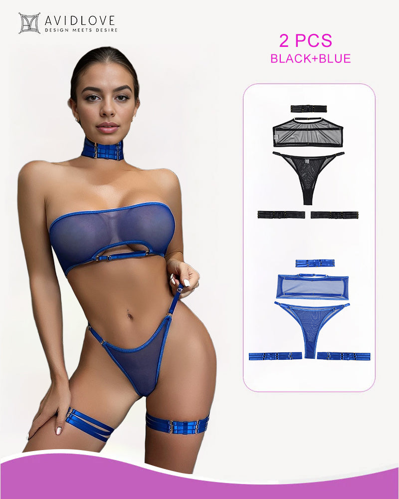 Blue sheer mesh lingerie set with bandeau bra, thong, and garter straps on model