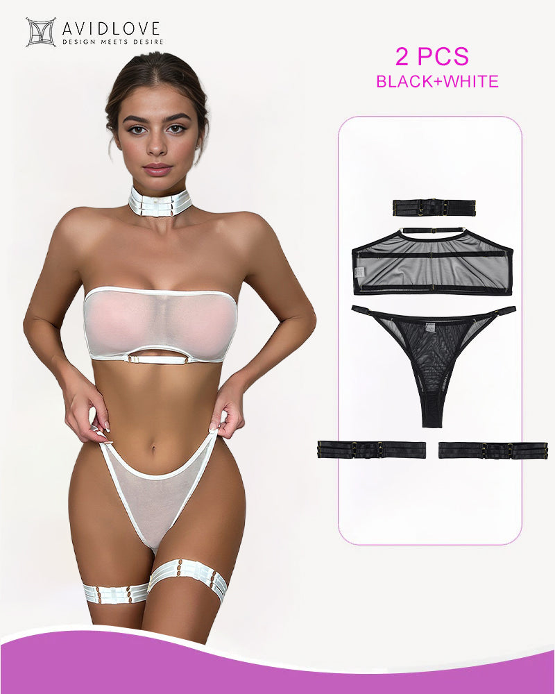 White sheer bra and thong set with black trim and matching garter bands