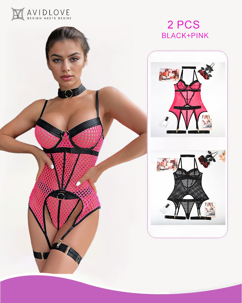 Fishnet corset lingerie set, pink red fishnet with black trim and garter straps