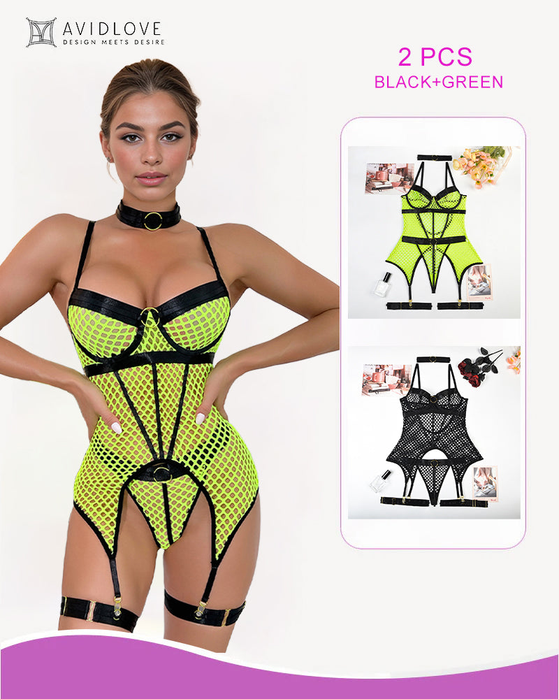 Fishnet corset lingerie set, black with green accents, garters and cutout front