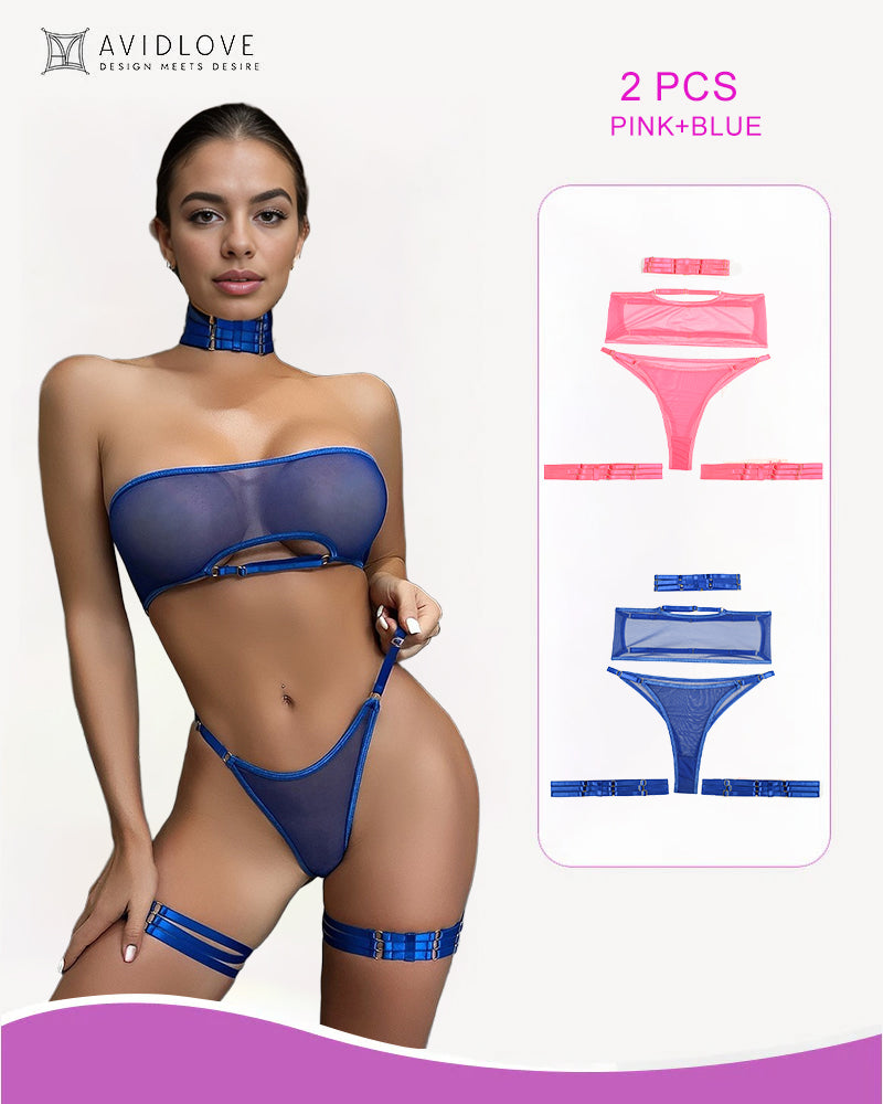 4-piece sheer mesh lingerie set in pink and blue, bandeau bra, thong, and garter straps