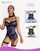 Fishnet corset lingerie set, black with blue accents, garters and mesh cutouts