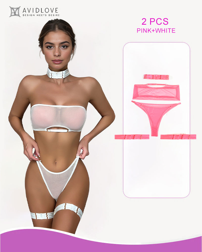 Pink and white bandeau bra and thong set with matching garter strap bands