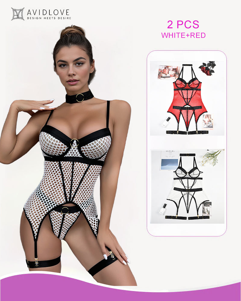 Fishnet corset lingerie set, white mesh with black trim and garter straps