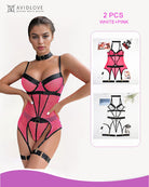 Fishnet corset lingerie set, pink red mesh with black trim and garter straps