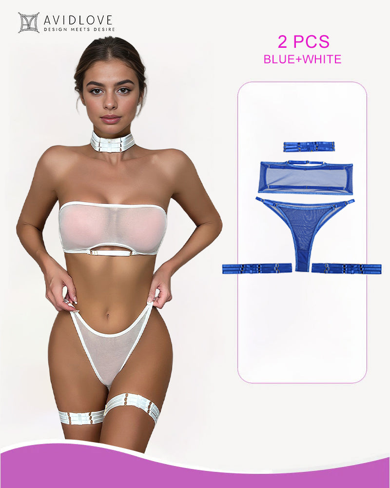 4-piece sheer mesh lingerie set in blue and white, strap bandeau bra and thong with garters