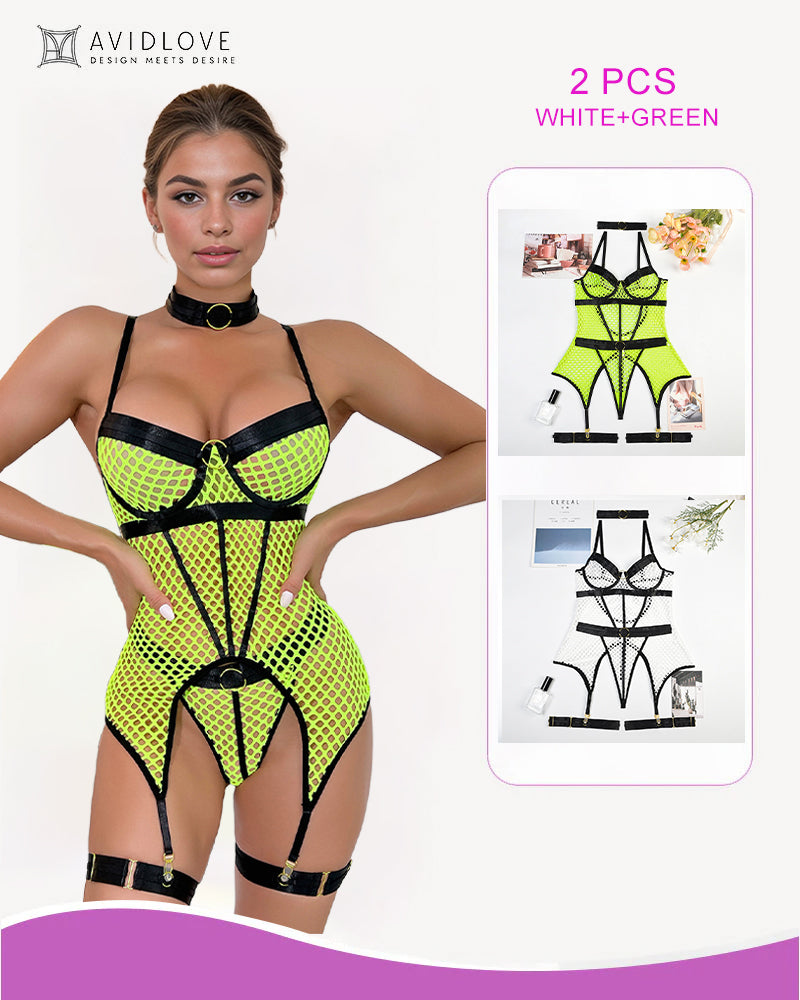 Fishnet corset lingerie set, neon green mesh with black trim and garter straps