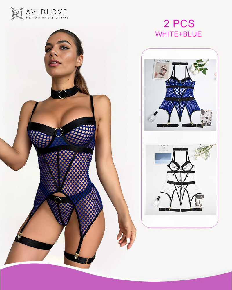 Fishnet corset lingerie set, white fishnet with black trim and blue accents, garters