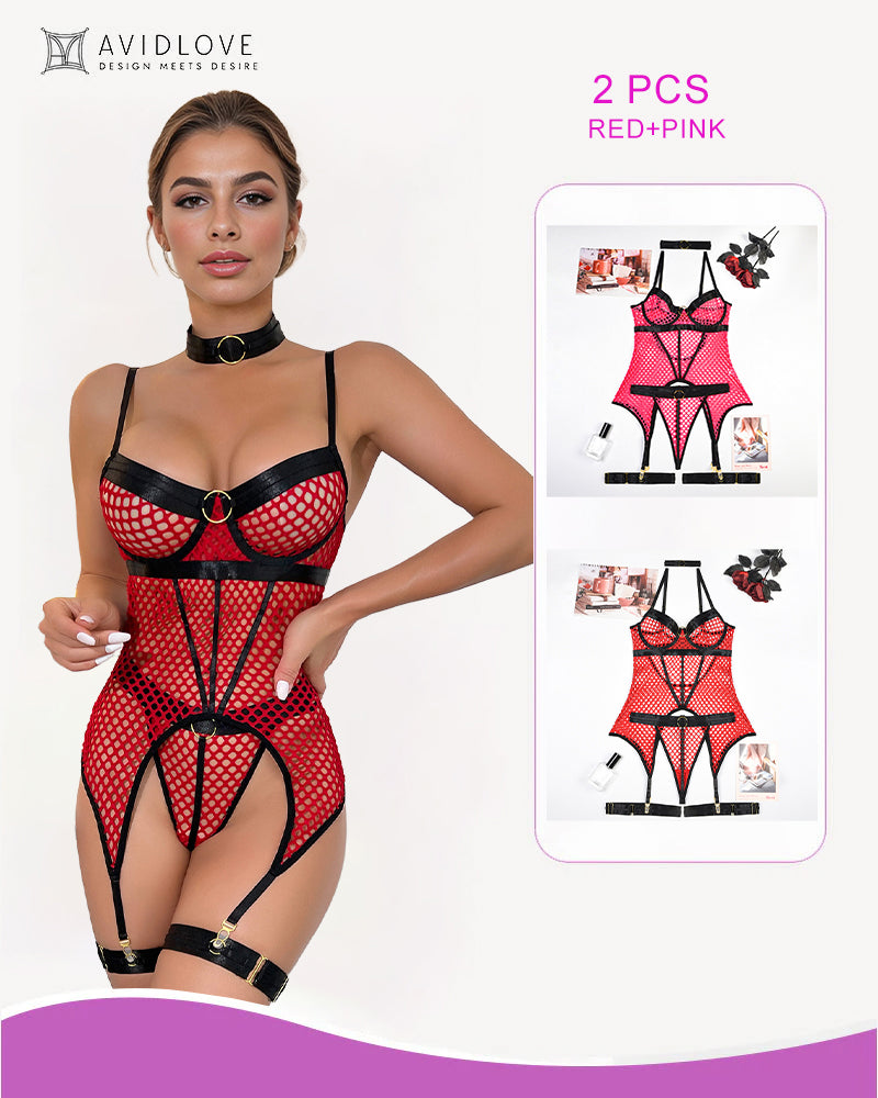 Fishnet corset lingerie set, red fishnet with black trim and garter straps