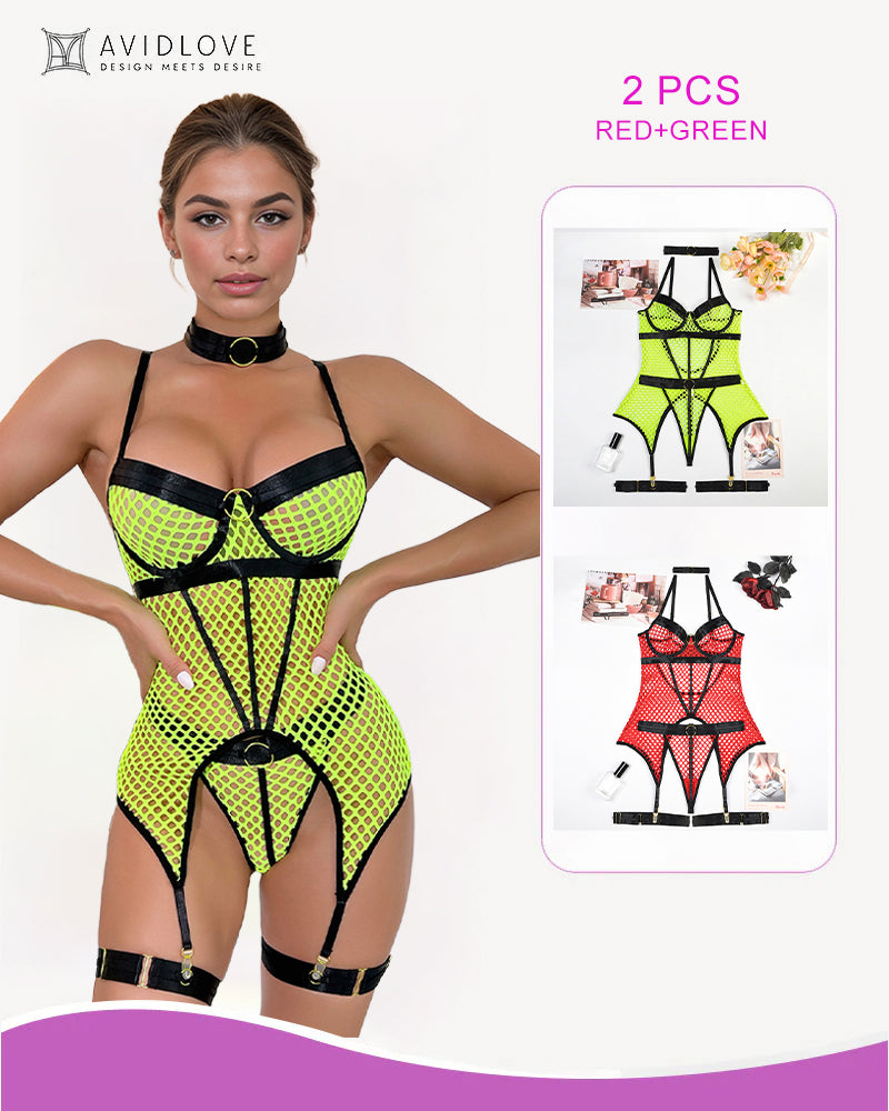 Fishnet corset lingerie set, neon green mesh with black trim and garter straps