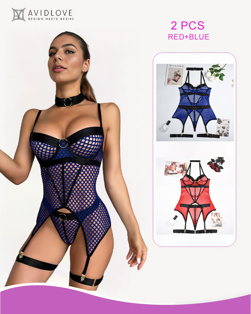 Fishnet corset lingerie set, red and blue fishnet mesh with garter straps