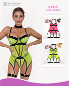 Fishnet corset lingerie set, neon green mesh with black trim and garter straps
