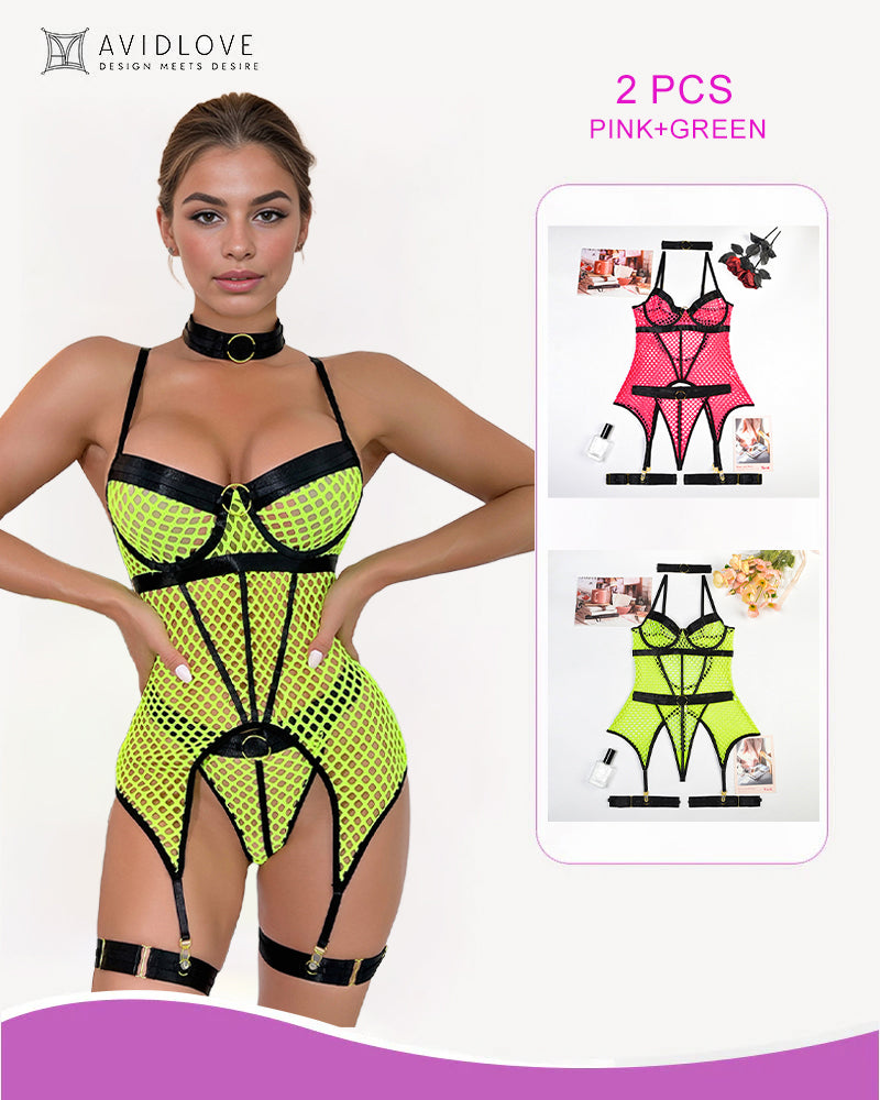 Fishnet corset lingerie set, neon green mesh with black trim and garter straps