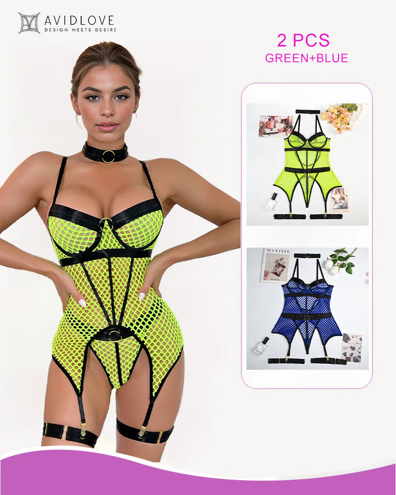 Fishnet corset lingerie set, neon green mesh with black trim and garter straps