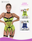 Fishnet corset lingerie set, neon green mesh with black trim and garter straps