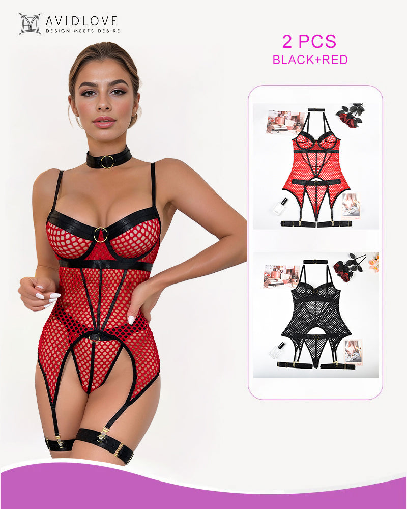 Fishnet corset lingerie set, black with red accents, garters and cutout front