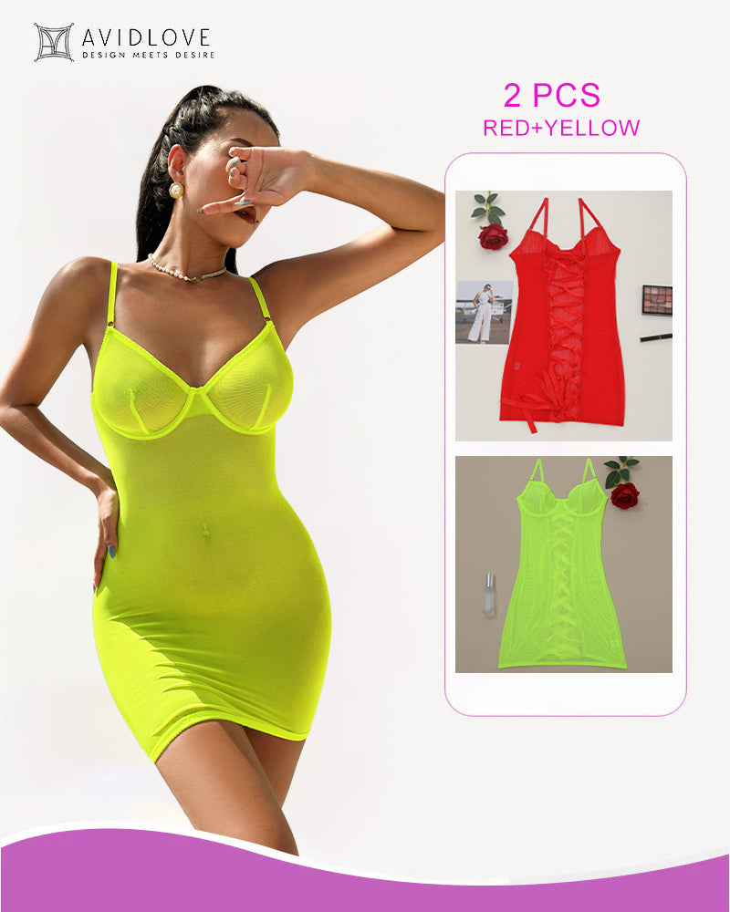 Neon yellow lace-up backless mini dress with underwire cups and thin straps