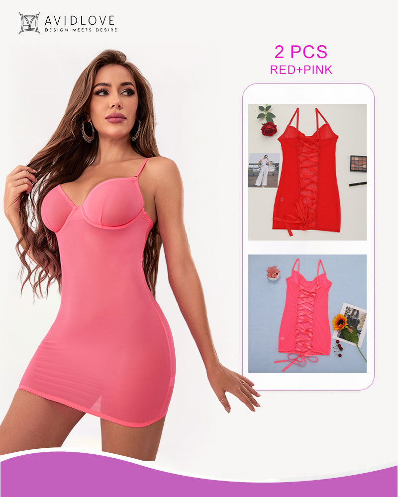 Pink lace-up backless mini dress with underwire cups and thin spaghetti straps