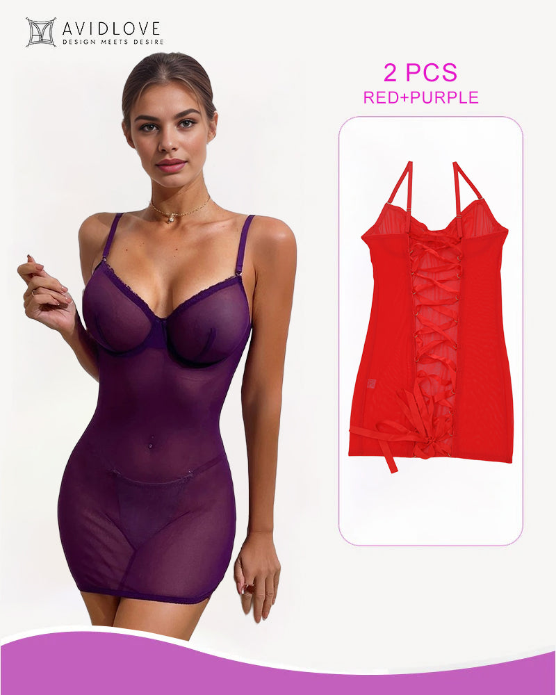 Purple lace-up backless mini dress with underwire cups and adjustable straps