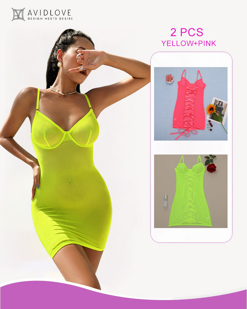 Neon yellow lace-up backless mini dress with pink lace-up mini dress inset