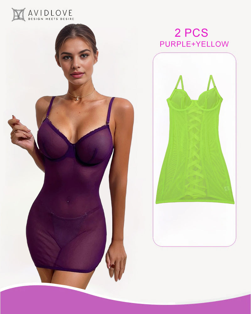 Purple lace-up backless mini dress with yellow lace-up mini dress inset