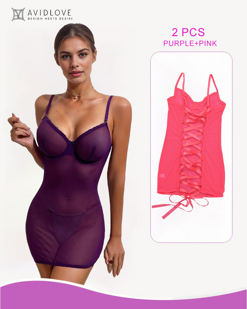 Purple lace-up backless mini dress with pink lace-up mini dress inset